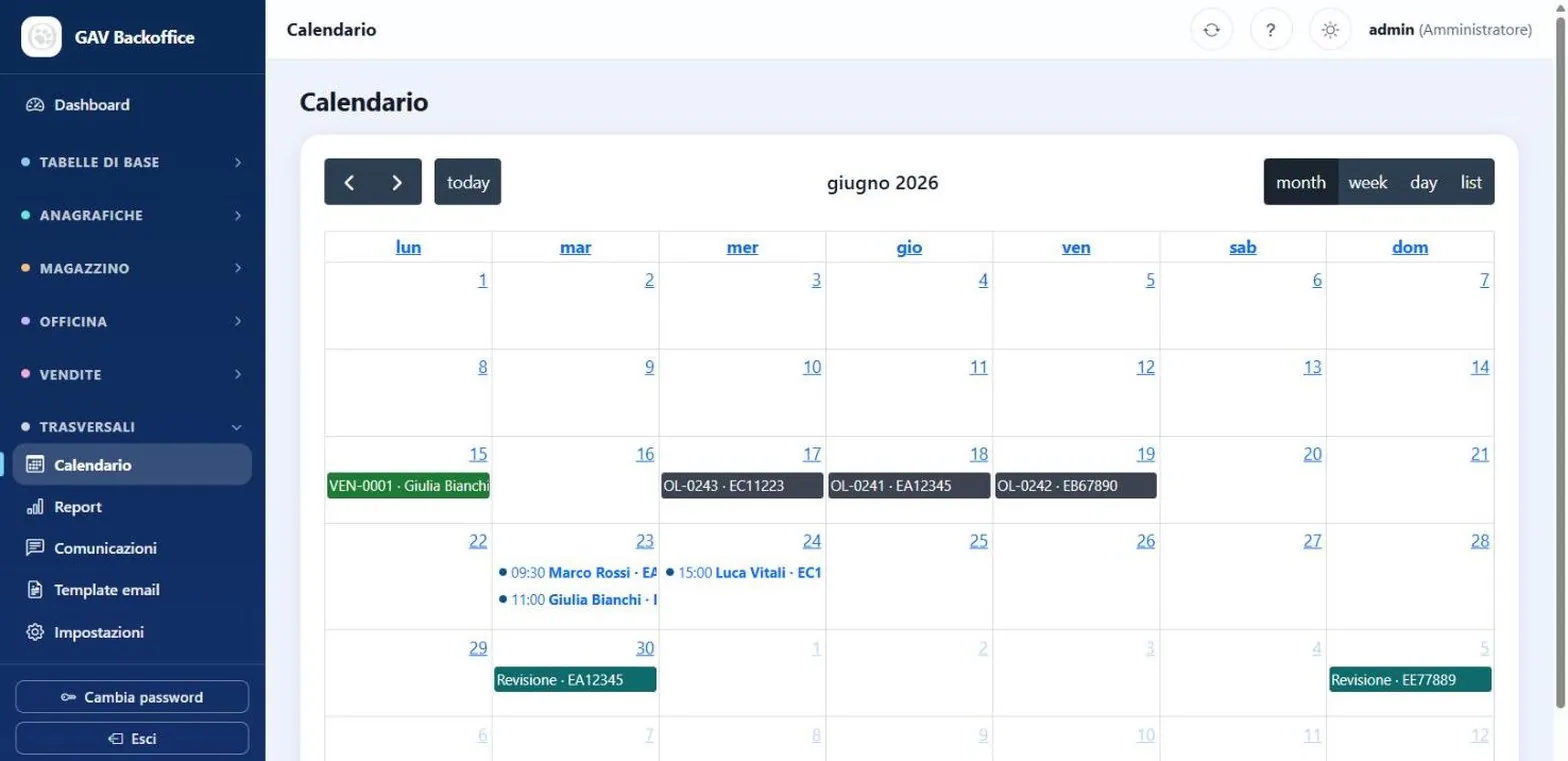 Calendario di GAV con appuntamenti, ordini di lavoro, revisioni e vendite